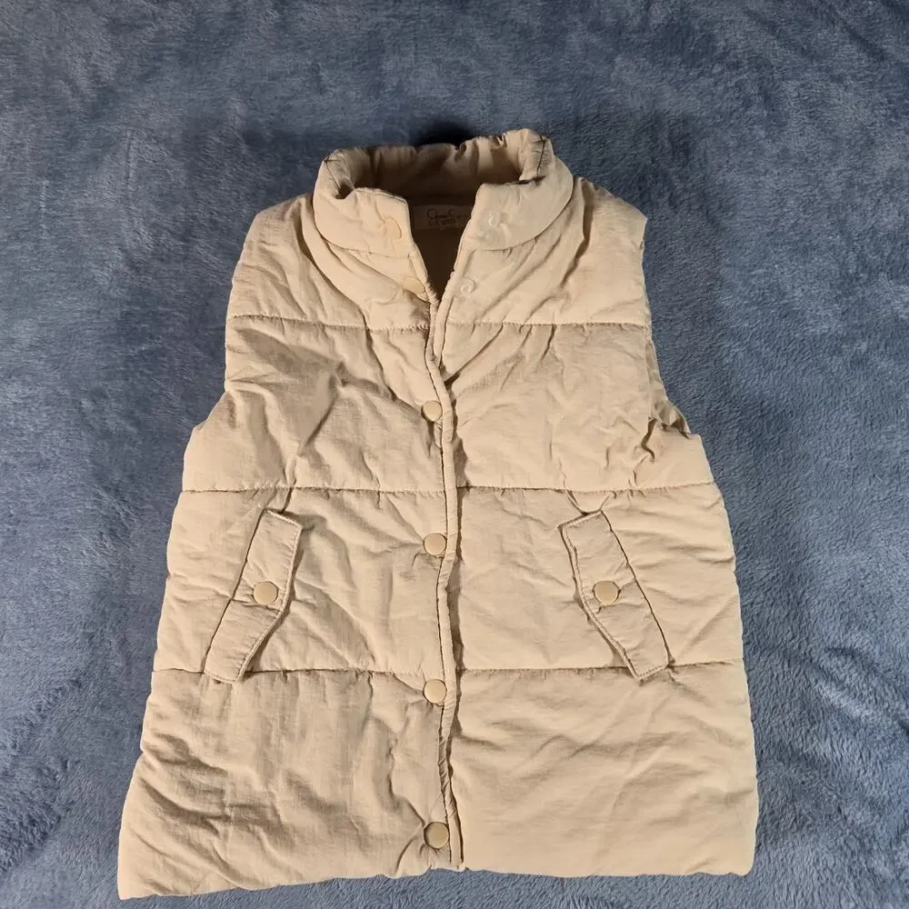 Jessica Simpson Girls Puffer Vest Size 5/6 Cream Beige Snap Front Pockets